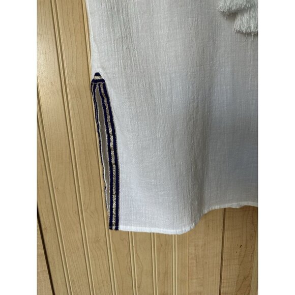 J Crew White Cotton Swim Cover Up Sz XXS V Neck Gauzy Navy Blue Trim Tie Tassels - Picture 5 of 8